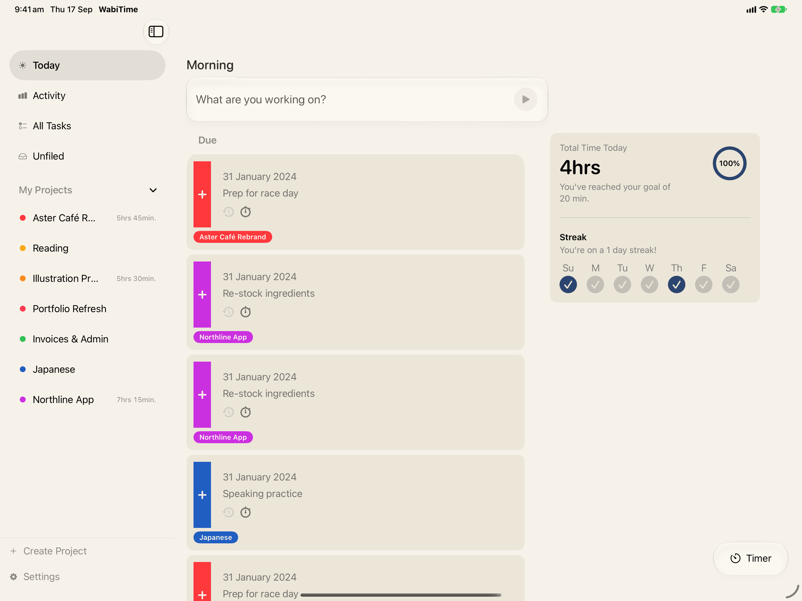 WabiTime on iPad: Today, Activity and the project list in a sidebar, the quick-start home page in the detail column, and a Timer button floating at the corner