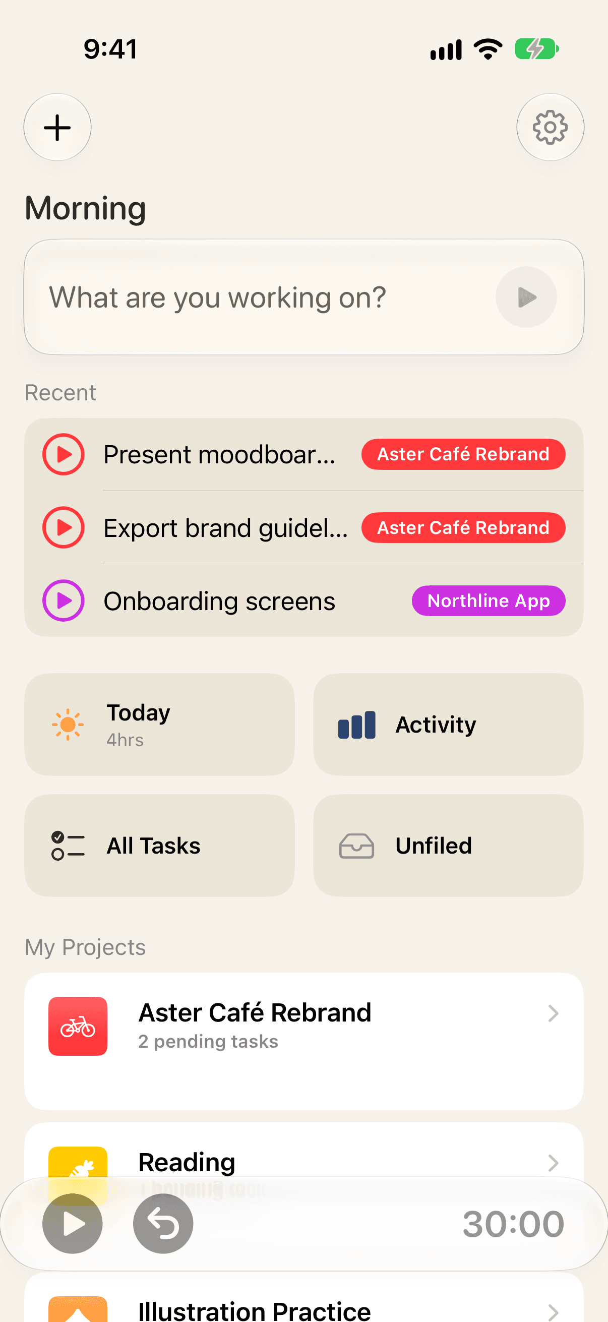 WabiTime’s home page on iPhone: the “What are you working on?” field at the top, recent tasks beneath it, then Today, Activity and the project list