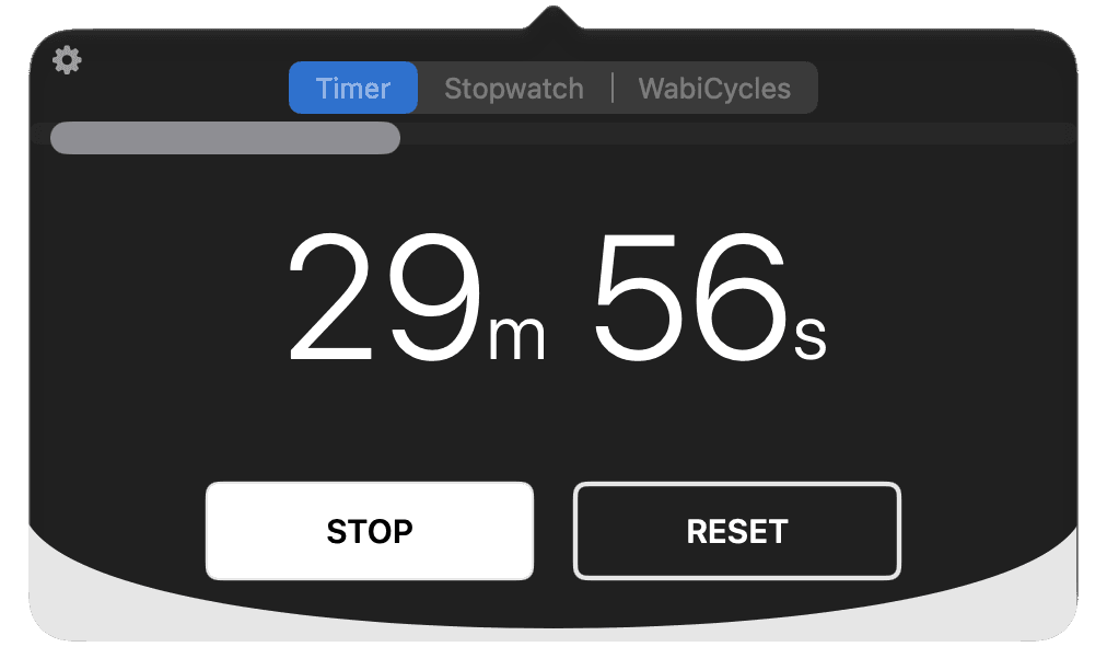 WabiTime’s popover open beneath the menu bar: a countdown at 29 minutes 56 seconds, with Stop and Reset buttons