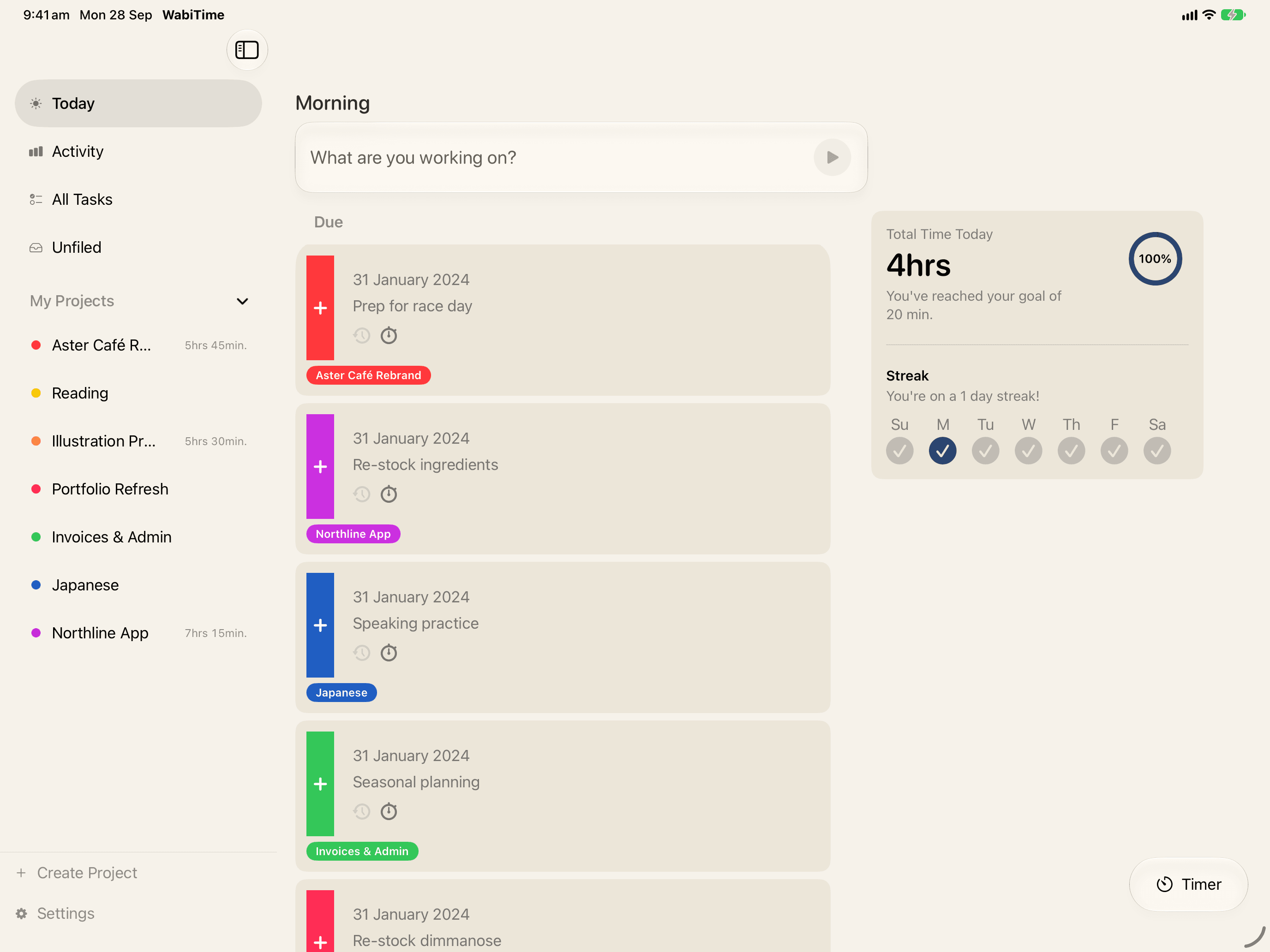WabiTime on iPad: Today, Activity and the project list in a sidebar, the quick-start home page in the detail column, and a Timer button floating at the corner