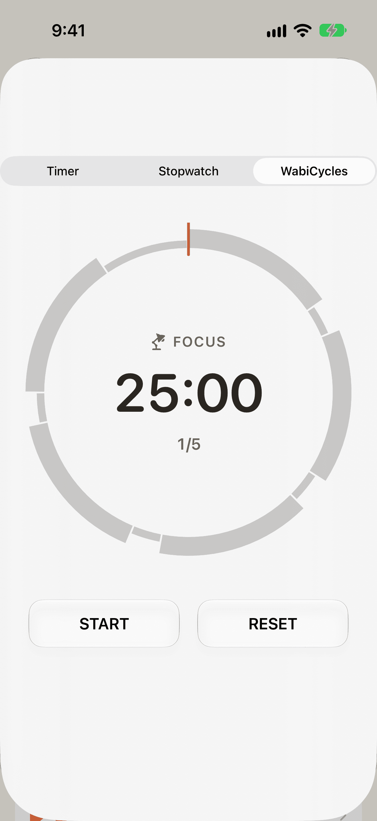 WabiCycles, alternating work and break intervals, on iPhone